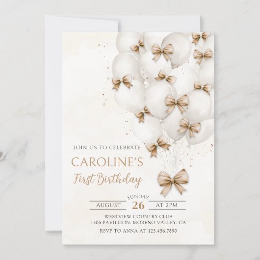 Bows Beige Balloons Anniversaire Invitation (Devant)