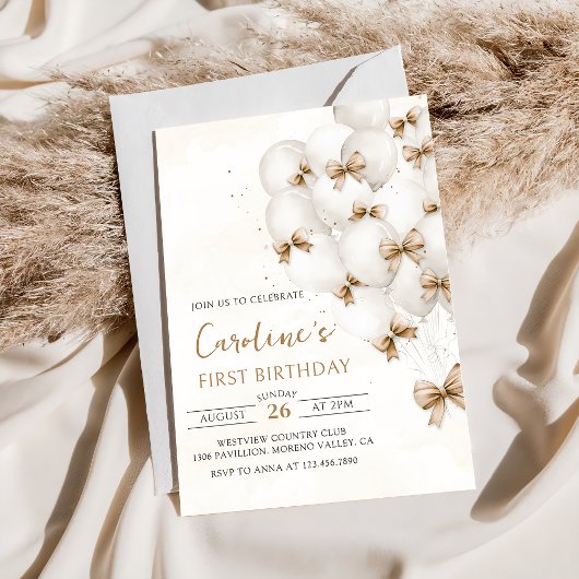 Bows Beige Balloons Anniversaire Invitation