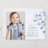 Bows Bleus Ballons Anniversaire Photo Invitation (Devant)
