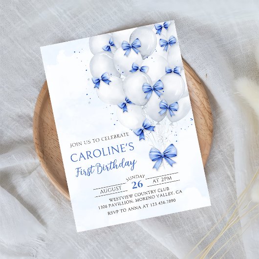 Bows Bleus Balloons Anniversaire Invitation