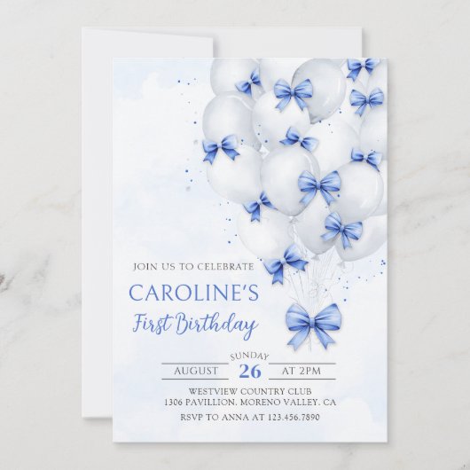 Bows Bleus Balloons Anniversaire Invitation (Devant)