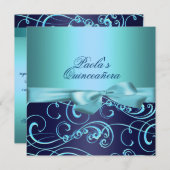Bows Bleus & Swirl Quinceañera Invitation (Devant / Derrière)