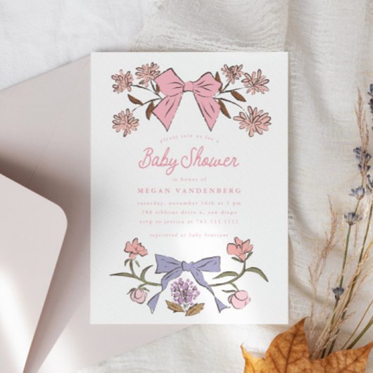 Bows et fleurs Invitation Baby shower fille