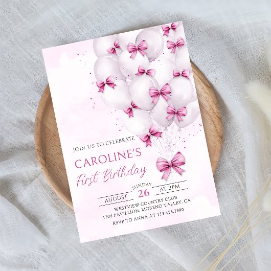 Bows roses Ballons Fille Invitation Anniversaire