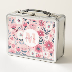 Box Boîte à lunch métallique Fleurs roses Fantaisistes