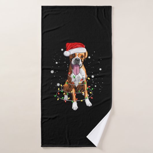 Boxe Chien Arbre Lumières Noël Jeu de Noël Pyjama (Serviette de bain)