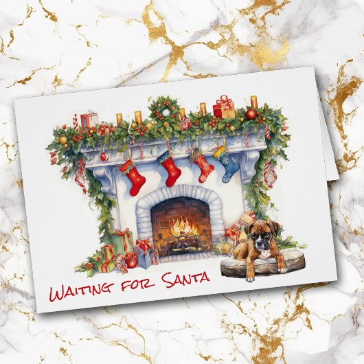 Boxe Chiot en attente sur la cheminée de Noël Père