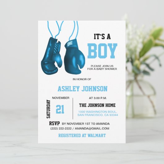 Boxe Gants Bleu Bébé Douche Invitations (Debout devant)