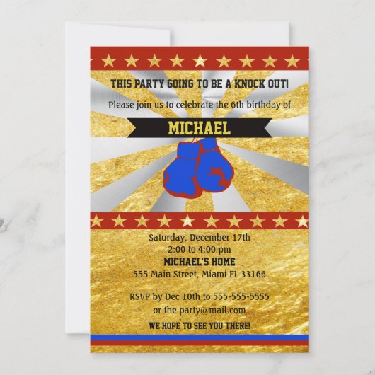 Boxe Sports Boy Anniversaire Invitation Gold Blue (Devant)