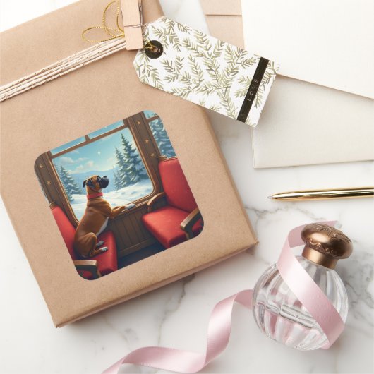 Boxer Christmas Eve Train Ride Painting Vierkante Sticker (Geschenken)