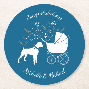 Boxer Dog Baby shower Puppy Blue Boy Ronde Kartonnen Onderzetter