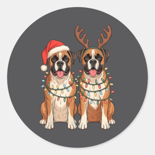 Boxer Dog Christmas Santa Hat Reindeer Lights Paja Ronde Sticker (Voorkant)