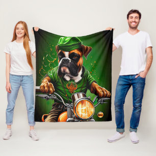 Boxer Dog Driving Bike St. Patrick's Day Fleece Deken