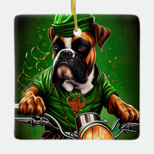 Boxer Dog Driving Bike St. Patrick's Day Keramisch Ornament