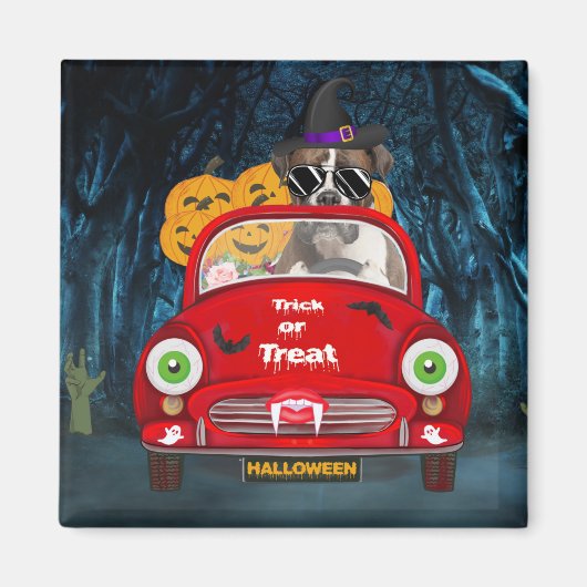 Boxer Dog Driving Car Scary Halloween Magneet (Voorkant)