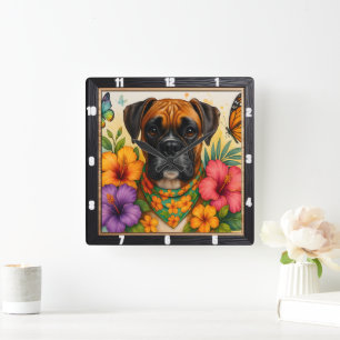 Boxer Dog Floral Butterfly Vierkante Klok