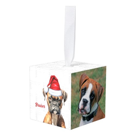 Boxer Dog Two Photo Kerstfeestdag Kubus Ornament (Voorkant hoekig)