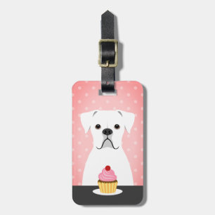 Boxer Dog White Eating Cupcake Roze Achtergrond Bagagelabel
