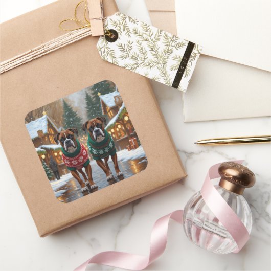 Boxer Dogs Christmas Snow Holiday  Vierkante Sticker (Geschenken)