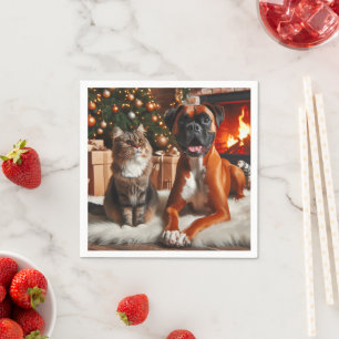 Boxer Hond en Kat Kerstmis Servet