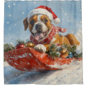 Boxer Hond in Sledge Laat het Sneeuw Kerstmis Douchegordijn (Voorkant)
