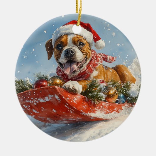 Boxer Hond in Sledge Laat het Sneeuw Kerstmis Keramisch Ornament (Voorkant)