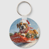 Boxer Hond in Sledge Laat het Sneeuw Kerstmis Sleutelhanger (Voorkant)