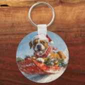 Boxer Hond in Sledge Laat het Sneeuw Kerstmis Sleutelhanger (Voorkant)