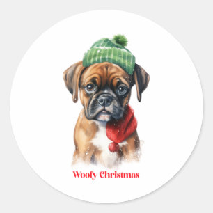 Boxer Hond Kerstmis X-Mas wens cadeau Woofy Kerstm Ronde Sticker