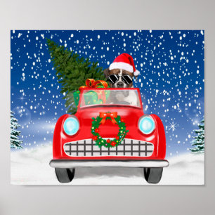 Boxer Hond Rijdt Auto In Sneeuw Kerstmis Poster