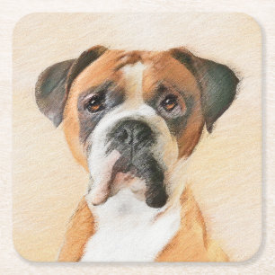 Boxer Hond Schilderen Onbijgesneden Originele Dier Vierkante Kartonnen Onderzetter