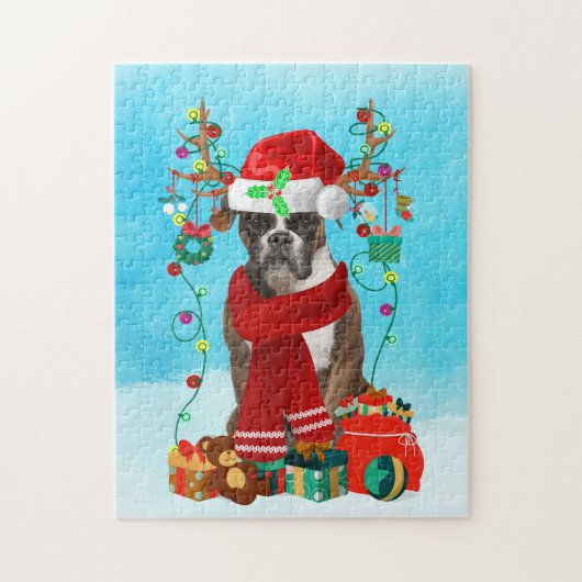 Boxer in sneeuw met kerstcadeaus legpuzzel (Verticaal)