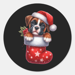 Boxer In Sock Christmas Santa Hat Xmas Hondenliefh Ronde Sticker