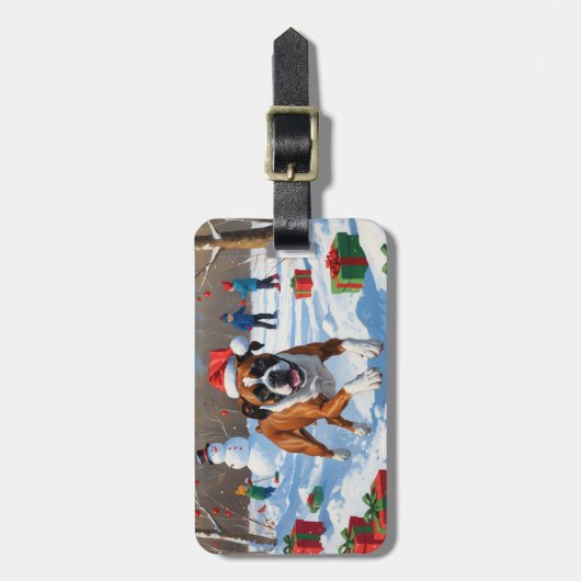 Boxer Kerst Feestelijke Sneeuwscène Bagagelabel (Voorkant verticaal)
