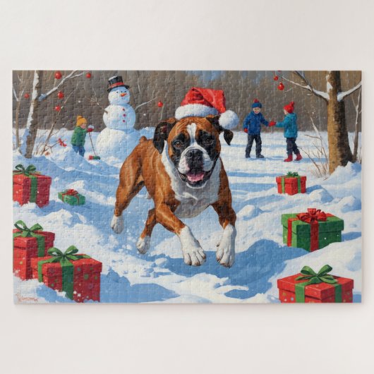 Boxer Kerst Feestelijke Sneeuwscène Legpuzzel (Horizontaal)