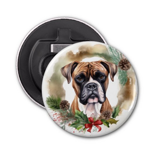 Boxer Kerstkrans Feestelijke Pup Button Flesopener (Voorkant)