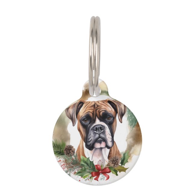 Boxer Kerstkrans Feestelijke Pup Huisdierpenning (Voorkant)