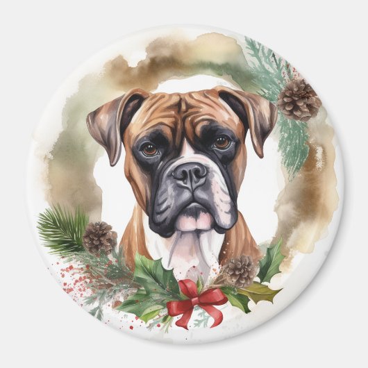 Boxer Kerstkrans Feestelijke Pup Magneet (Voorkant)