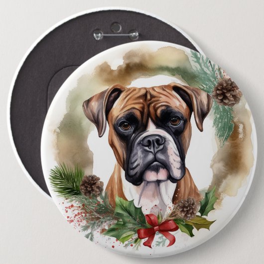 Boxer Kerstkrans Feestelijke Pup Ronde Button 6,0 Cm (Voorkant /achterkant)