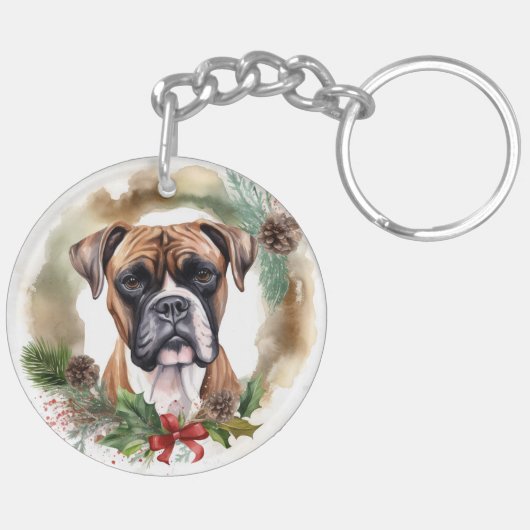 Boxer Kerstkrans Feestelijke Pup Sleutelhanger (Achterkant Links)