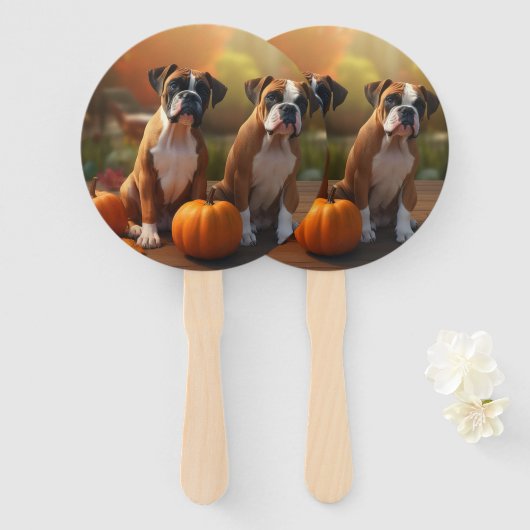 Boxer Puppy Herfst Delight Pompoen Handwaaier (Voorkant en achterkant)