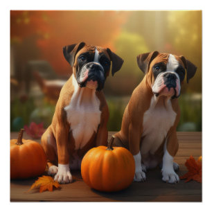 Boxer Puppy Herfst Plezier Pompoen Perfect Poster