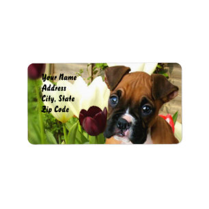 Boxer puppy in tlips adresetiketten etiket