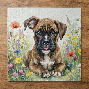 Boxer Puppy met waterverf bloemen Legpuzzel
