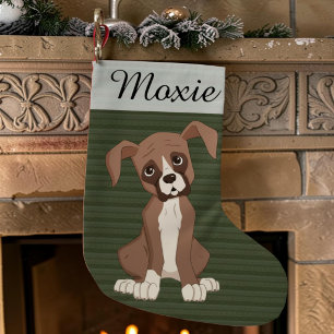 Boxer puppy op een groen kerstpatroon kleine kerstsok