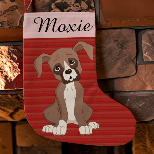 Boxer puppy op een rood kerstpatroon kleine kerstsok