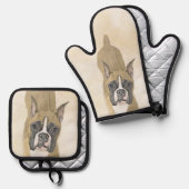 Boxer Schilderij Fawn Cropped Docked Schattigee Do Ovenwant & Pannenlap Set (Voorkant / Achterkant)