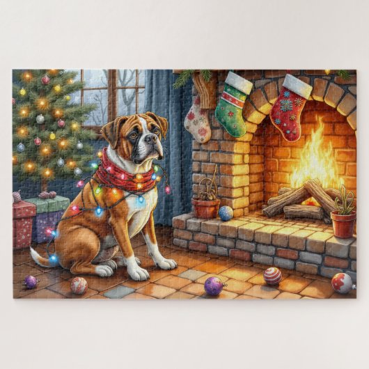 Boxer Sitting by Fireplace with Christmas Lights Legpuzzel (Horizontaal)