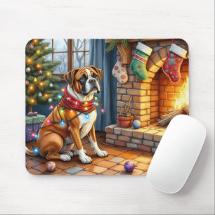 Boxer zittend bij open haard met kerstverlichting muismat