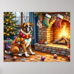 Boxer zittend bij open haard met kerstverlichting poster